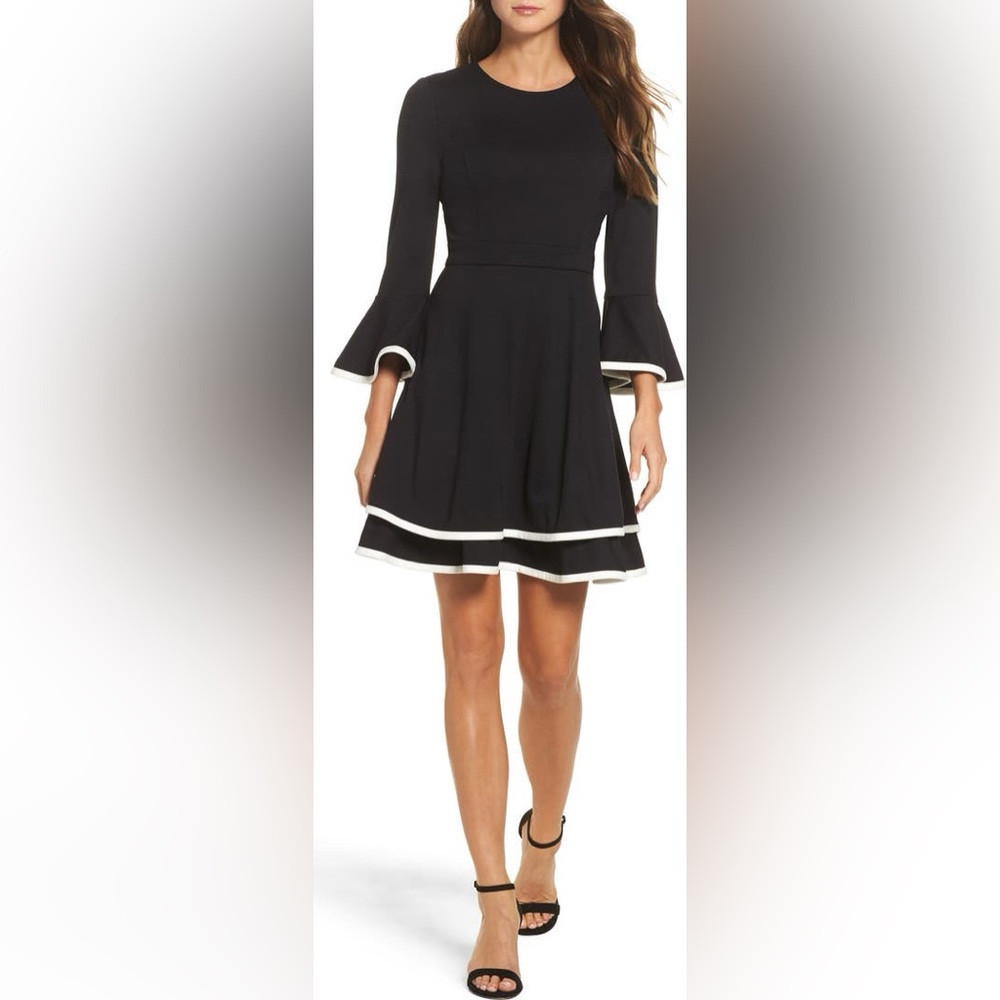 Eliza J Dress Womens 6 Black White Bell Sleeve Ruffled Mini Feminine Romantic - Picture 1 of 14